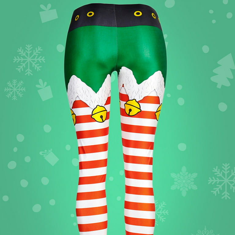 HOMEIU Women Ugly Christmas Fake Elf Shorts Print Leggings Funny Belt  Striped Santa Holiday Tights Mid Rise Xmas Festival Cosplay Costume Pants 