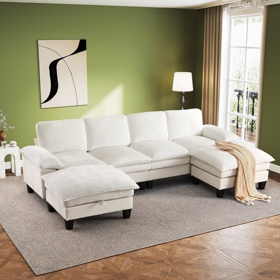 Bonzy Home 122 inch U-Shaped Modular Sectional Sofa, Comfy Chenille Convertible Sectional Couch with 2 Storage Ottoman, Modern Design for Living Room, Elegant White