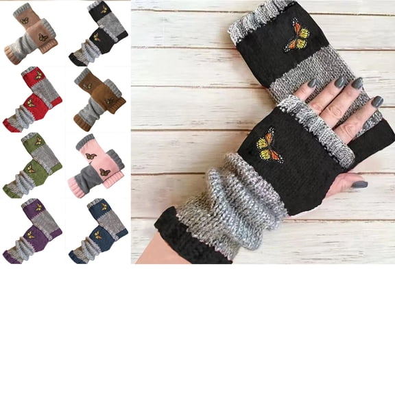 Knit Gloves - Embroidery Butterfly Soft Cute,Girls Winter Knit Fingerless Gloves | for Ladies Adults Teens Students Commuting Black Free