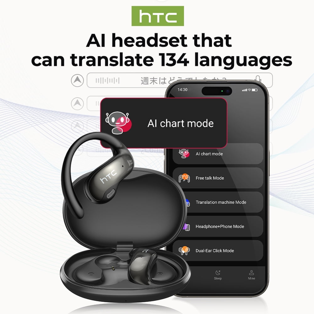 HTC NE19 Bluetooth Headphones Support 150 Language Translator Earbuds with LED Touchscree Open Ear Earbuds