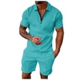 thumbnail image 2 of Men's Spring Summer 2-Piece Tracksuit, Short Sleeve Polo Shirt and Shorts, Casual Sport Suit For Hot Weather Outdoor Activities,Cyan,XL, 2 of 7
