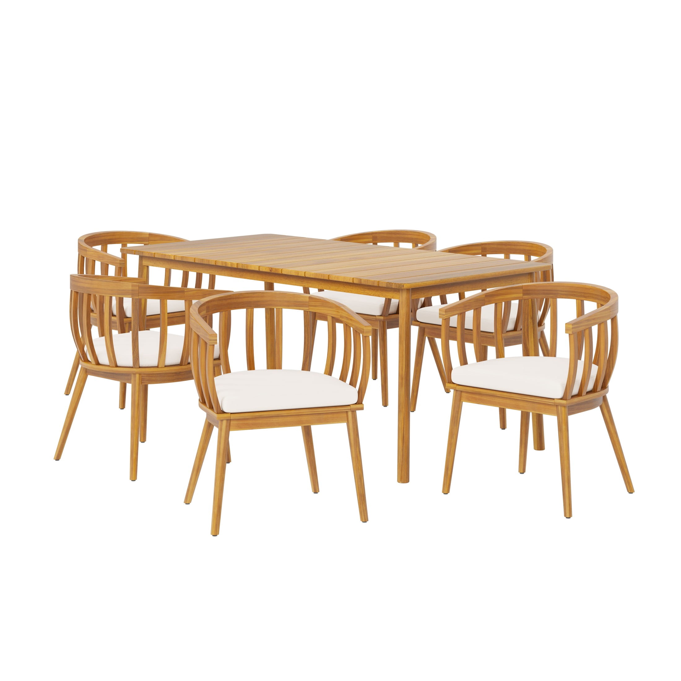 Christopher Knight Home 7-Piece Outdoor Dining Set, Wood Table and 6 Chairs with Curved Backrests, Beige Cushions