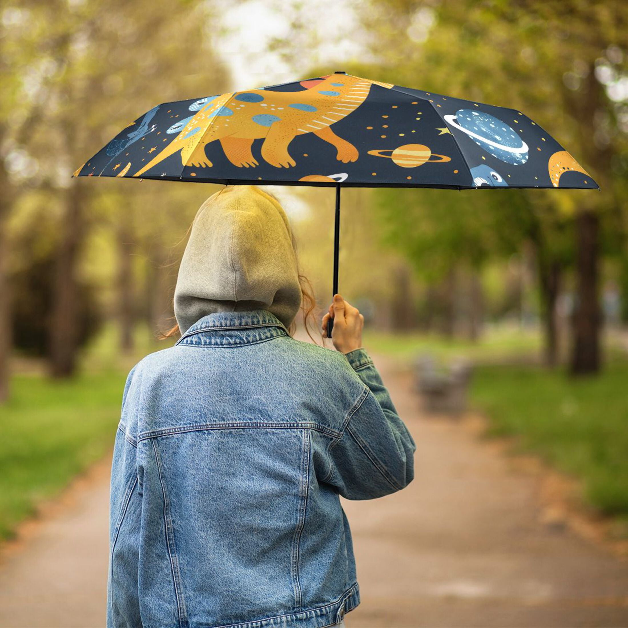 Cute Dinosaurs in Space Compact Sun Umbrella Windproof Travel Umbrellas for Rain Strong Portable UV Protection