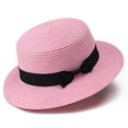 thumbnail image 2 of QIYAGBSA Straw Hats for Women Flat Top Wide Brim Bow Detail Summer Beach Vacation (Pink Free Size), 2 of 5