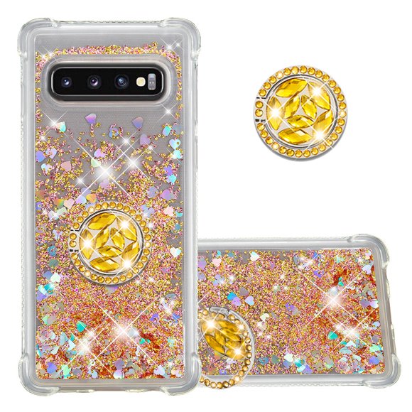 Funda para Samsung Galaxy S10 Plus con Brillo Líquido Flotante, Purpurina, Parachoques y Anillo Giratorio Soporte