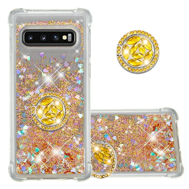 Funda para Samsung Galaxy S10 con Brillo Líquido Flotante, Purpurina, Parachoques y Anillo Giratorio Soporte