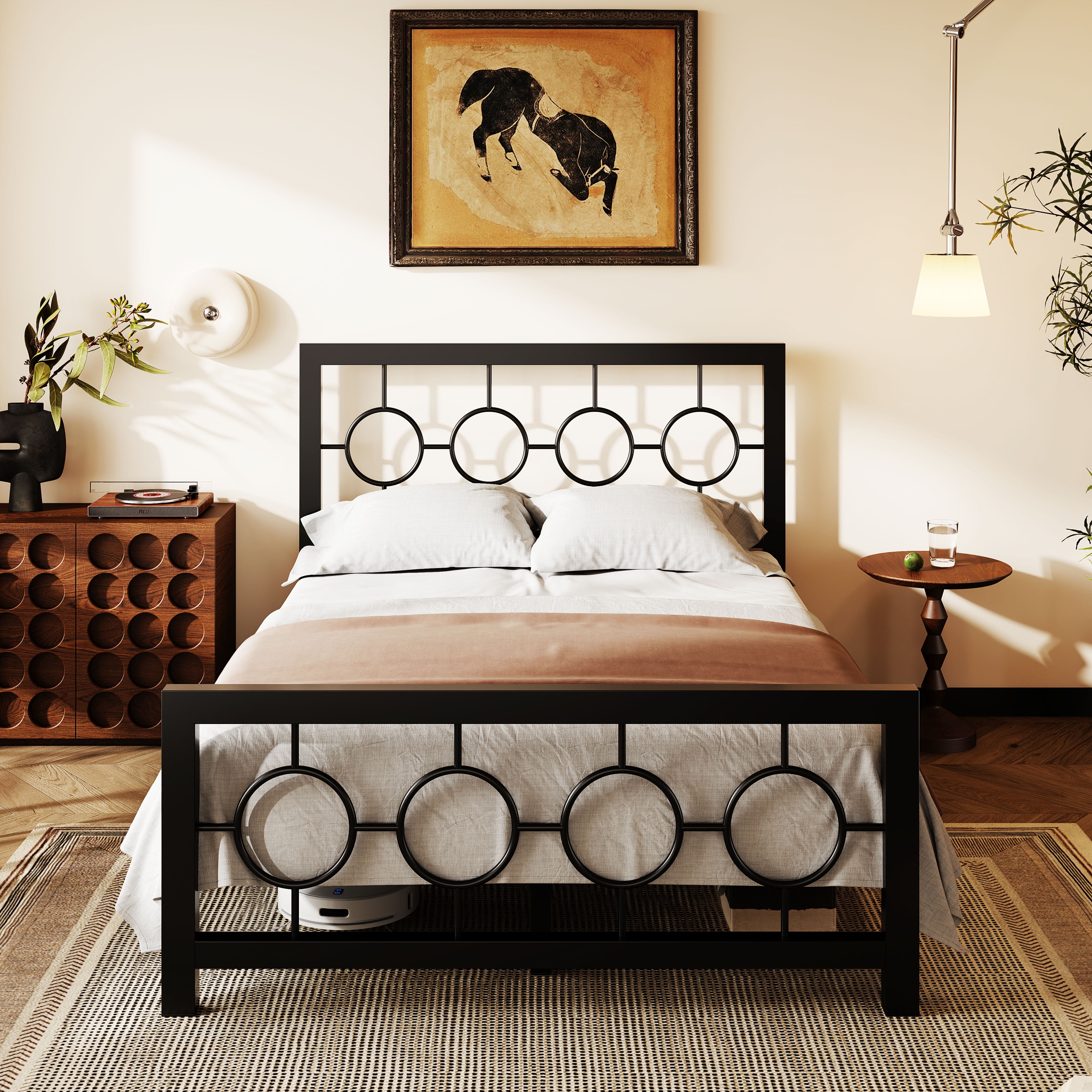 Amolife Full Size Bed Frame, Metal Platform Bed with Vintage Circular Headboard & Footboard, Black