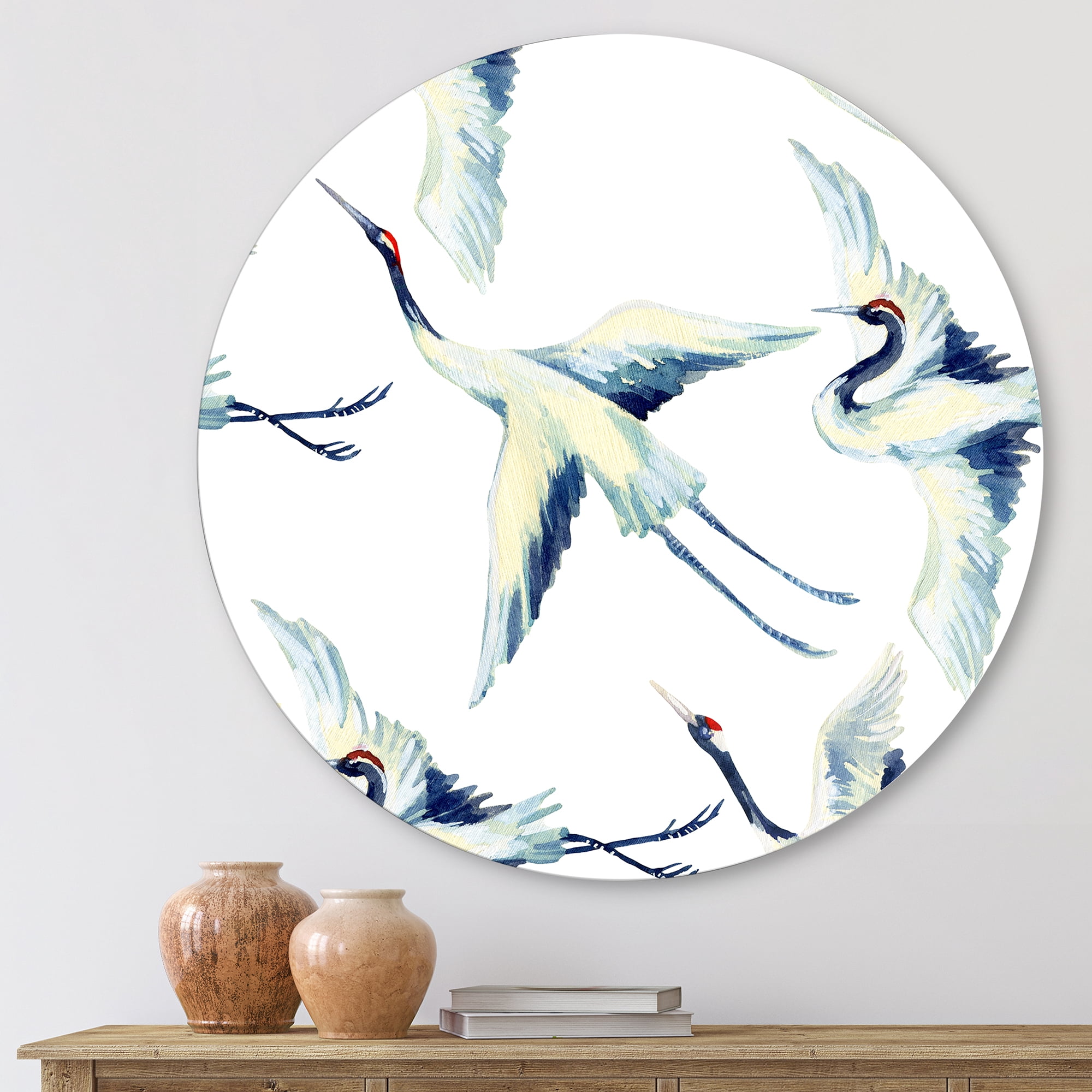 Designart 'Asian Crane Bird Impression I' Traditional Circle Metal Wall Art 11x11 - Disc of 11