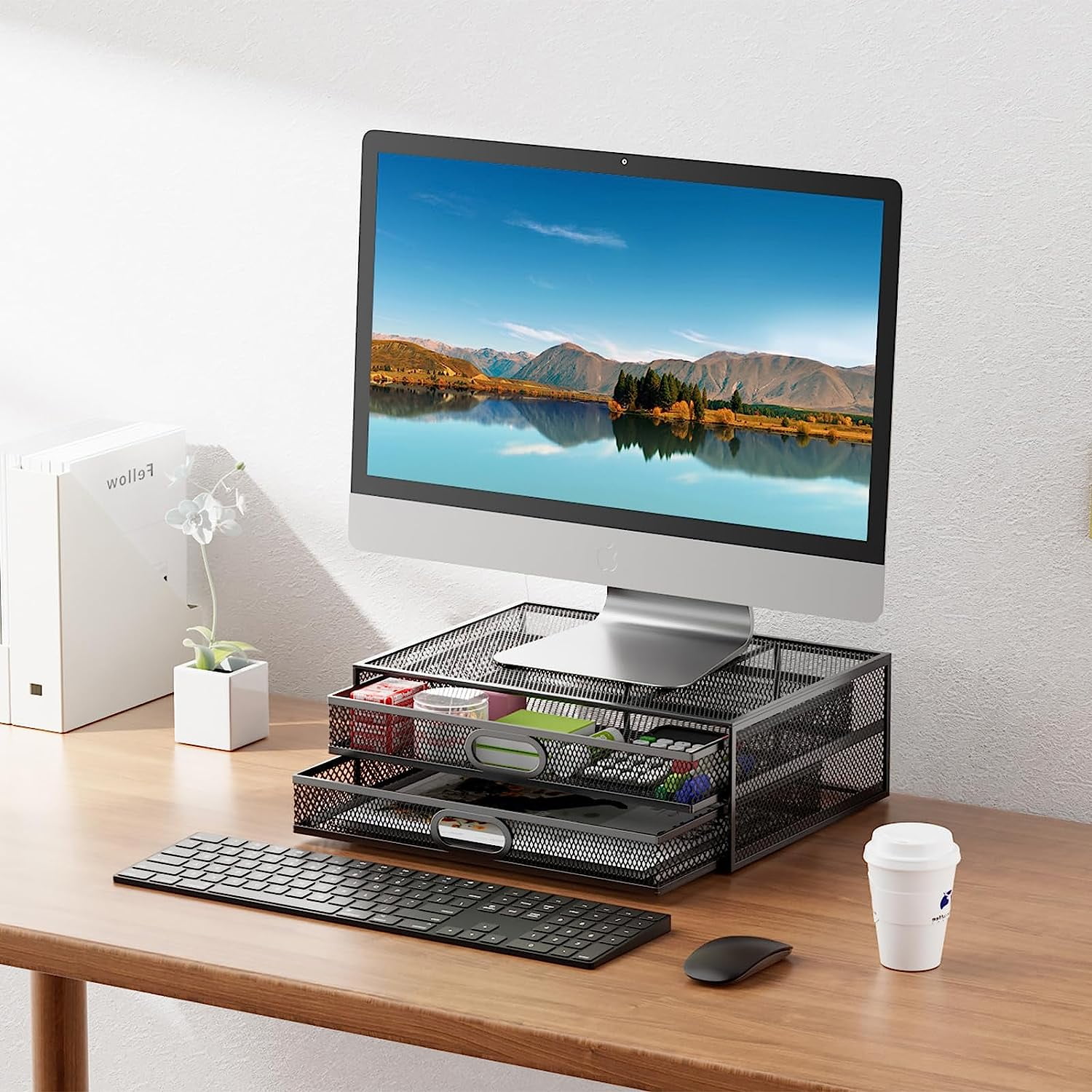 Marbrasse Monitor Stand with Drawer, Monitor Riser Mesh Metal, Monitor Stand with Storage, Desktop Computer Stand for PC, Laptop, Printer