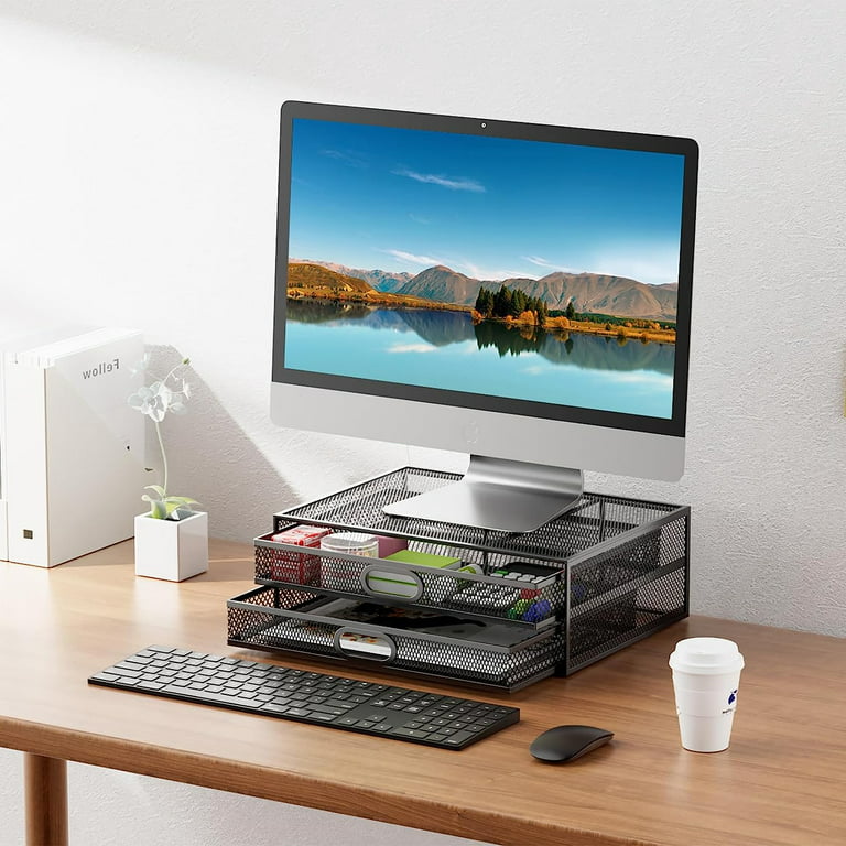 Monitor Stand with 2 Storage Drawers - Metal Mesh Desk Organisers, Support  Laptop, Notebook, PC, Monitor, Printer