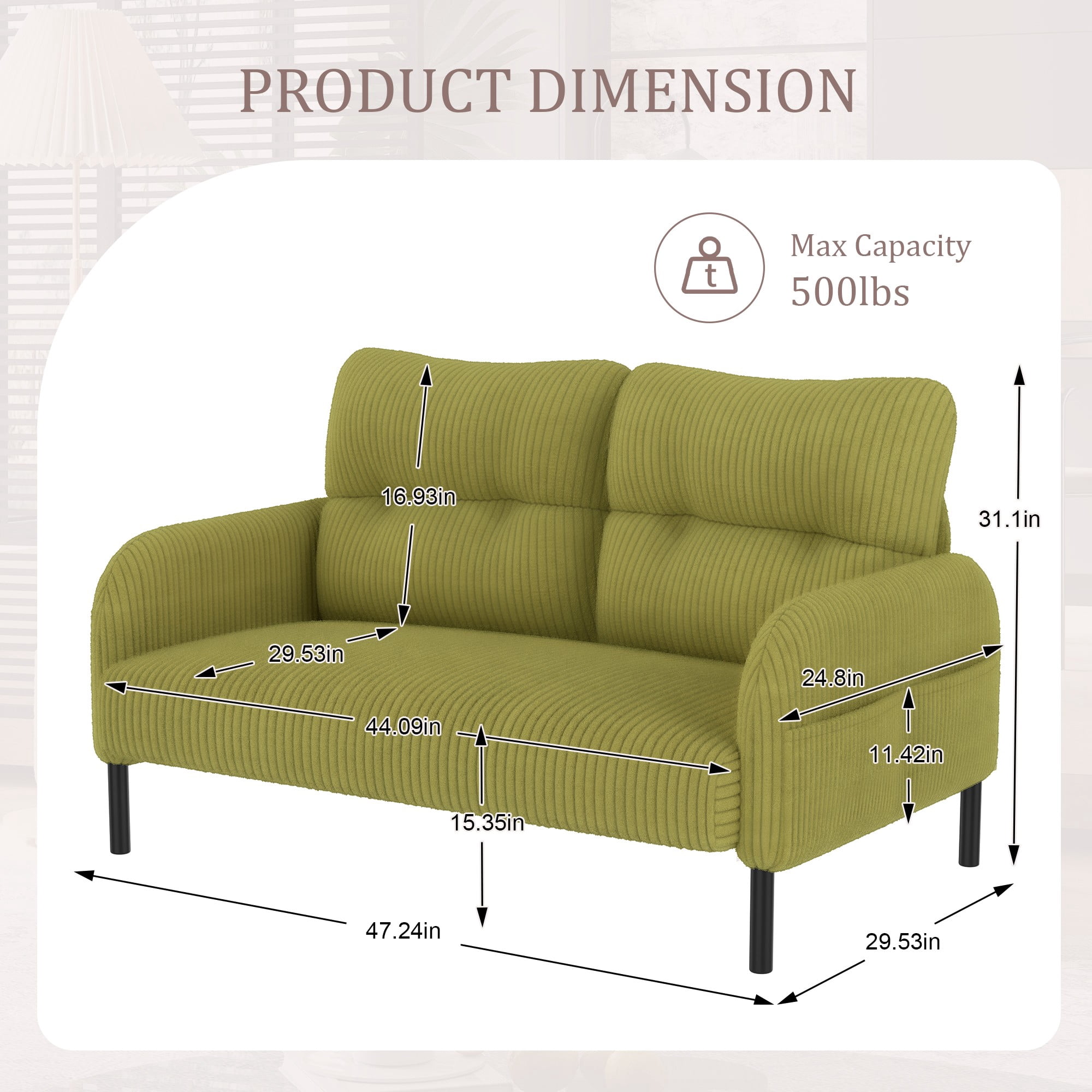 47" Small Loveseat Sofa Couch for Small Spaces,Corduroy Upholstered 2-Seater Love Seats for Apartment, Bedroom,Office,Green