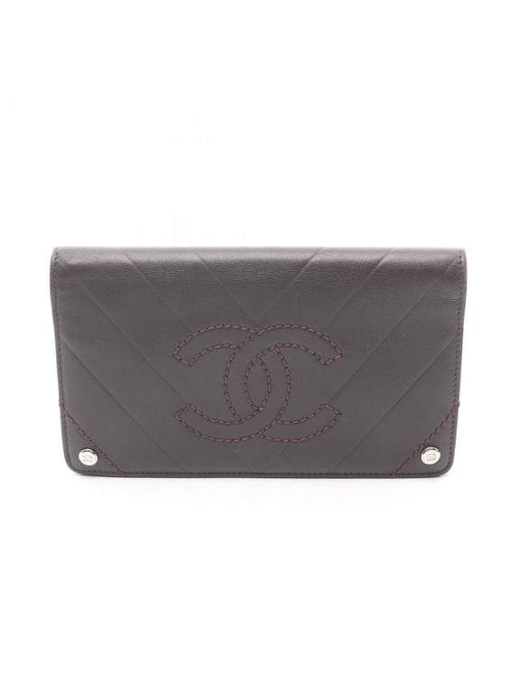 Pre-Owned Chanel Chevron V-Stitch Bifold Long Wallet, Leather, Women's, Brown (Good)