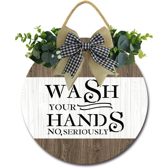 Eveokoki 12" Wash Your Hands No Seriously Restroom Signs for Front Door Farmhouse ，Rustic Round Wooden Hanging Wreaths for Toilet Bathroom Wash Room Housewarming Gift Decoration Indoor Wall Decor