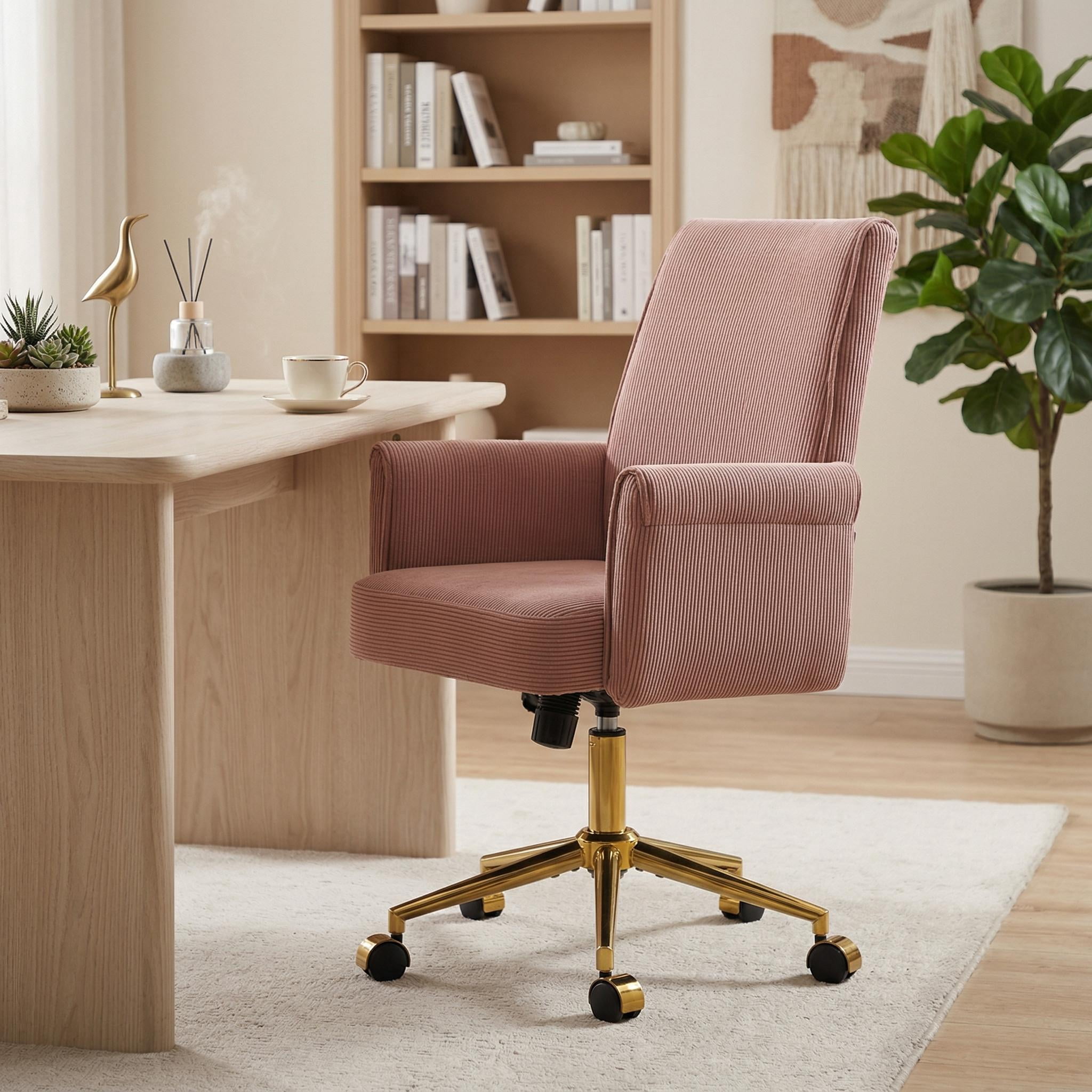 Homy Casa Upholstered Office Chair with Wheels, Adjustable Swivel Vanity Chair for Home Office