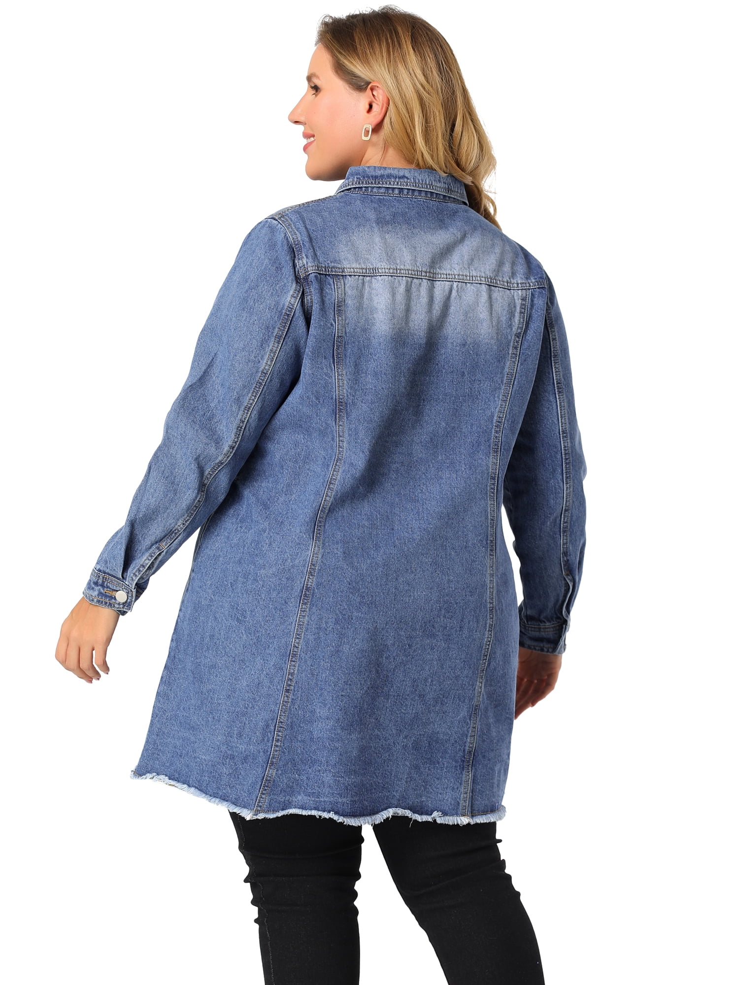 DARING DIVA Women's Plus Size Long Distressed Button Up Denim Jacket 5X Blue