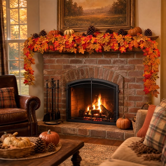 AuroraX Artificial Maple Leaf Vine Garland Faux Autumn Harvest Garland Indoor Outdoor Waterproof Non-Lit Halloween Fall Decor for Dining Table Orange