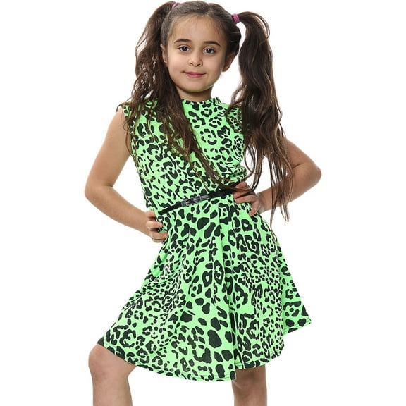 Kids Girls Skater Dress Neon Color Leopard Print Dance Party Summer Dresses 5-13