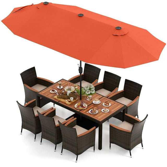 Costway Ensemble de Salle à Manger de Patio 11 Pcs avec Parasol de Patio Double Face de 15 Pi (Base Incluse) Orange