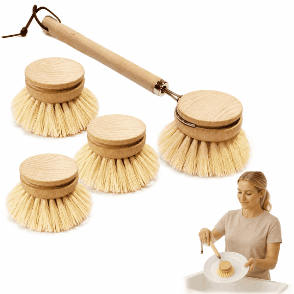Dish Brush with Handle, Dish Brush Set, Wooden Scrub Brush for Dishes, Kitchen Brushes for Dishes, Natural Tampico Fiber Scrubber with Detachable Replacement Brush Heads for Pots, Pans and Vegetables