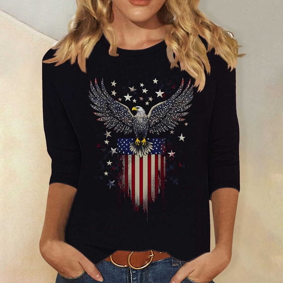 MORESEC Womens 4th of July Plus Size Tshirt 3/4 Sleeve Graphic Tee Casual Patriotic Top American Flag Shirt Round Neck Basic Summer Vacation Fashion Clothes, Multicolor M