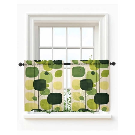 Green Geometric Tier Curtains 24 Inch Length,Sheer Curtains for Bedroom Living Room Window Abstract Neutral Modern Artwork Rod Pocket Drapes Kitchen Curtains Small Half Window 27.5"x24" 2 Panels