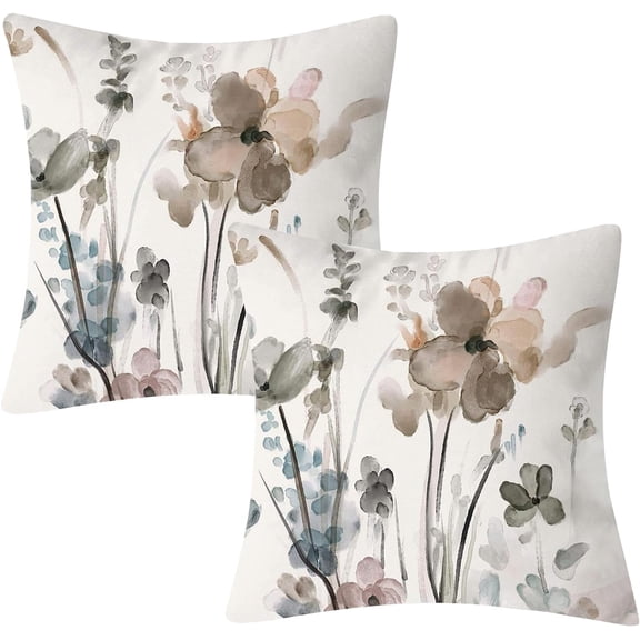 Floral Pillow Covers 18x18, Watercolor Teal Brown Cream Grey Flower Pillow Cushion Cases, Abstract Modern Decorative Throw Pillows for Sofa Couch Living Room Bedroom Car, Set of 2