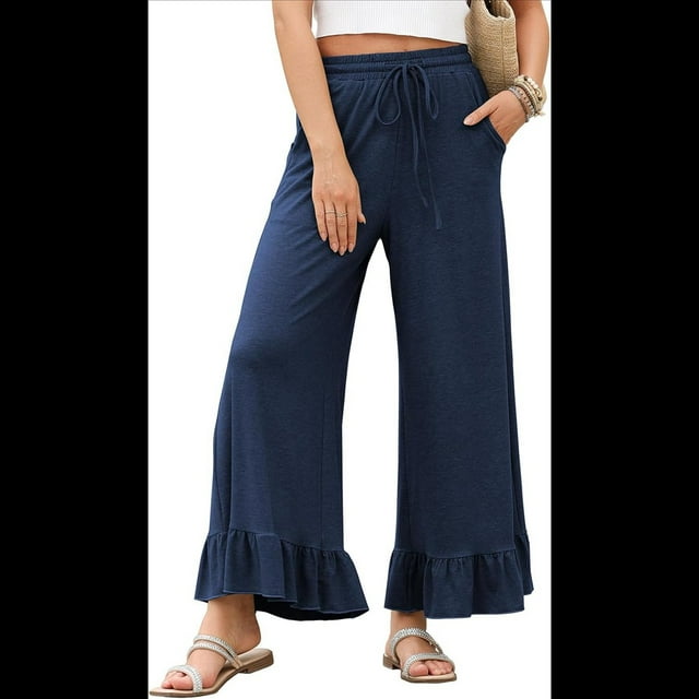 Pantalones Palazzo de Pierna para Mujer, Cintura Alta, Elásticos, con Cordón y Bolsillos, Color Azul Marino, Talla XXL