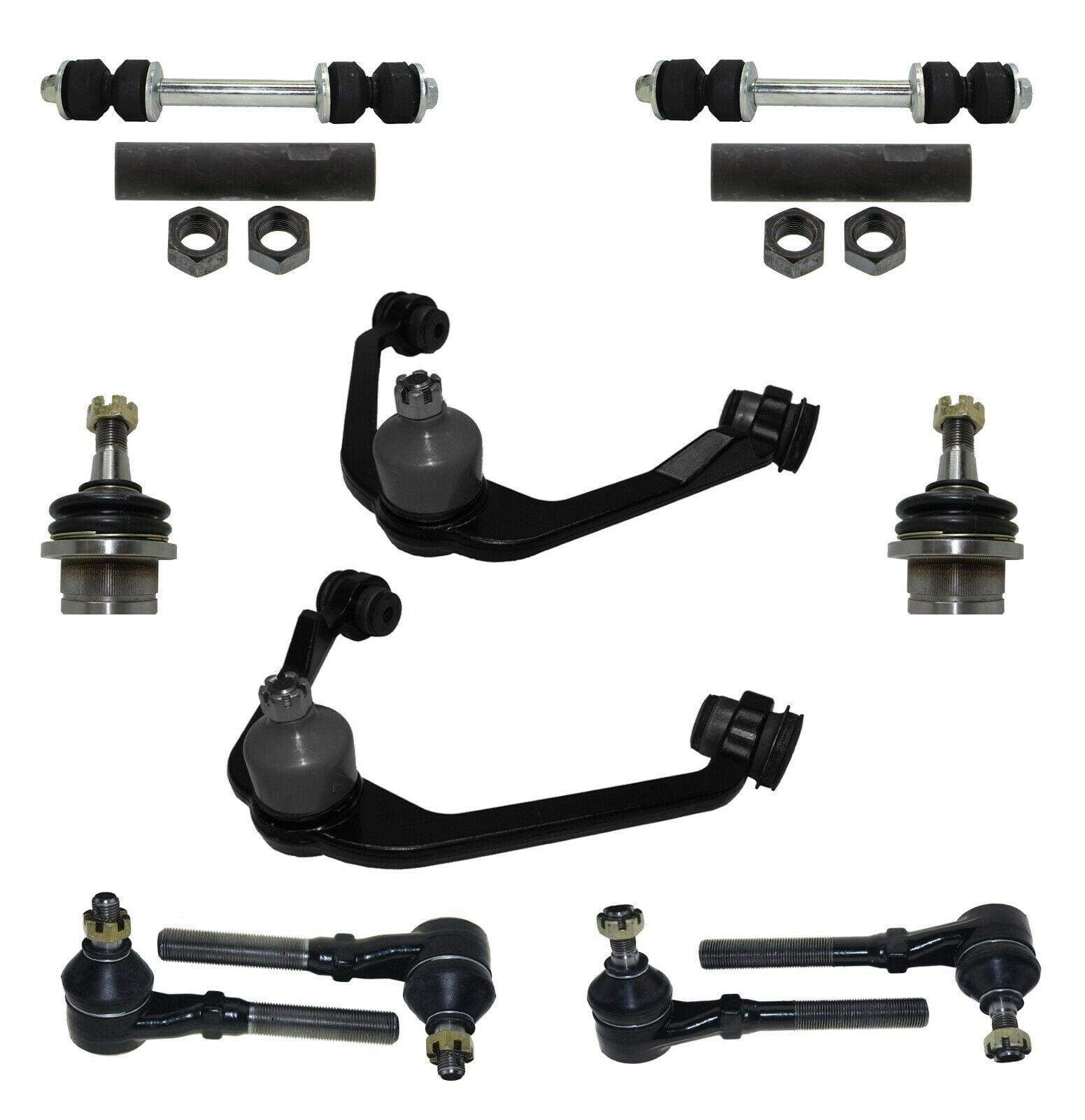 12 Piece Complete Front Suspension Kit Upper Control Arms, Inner  Outer  Tie Rod Ends, adjusting Sleeves, Lower Ball Joints, and Sway Bar links ONLY  FOR 4WD VEHICLES