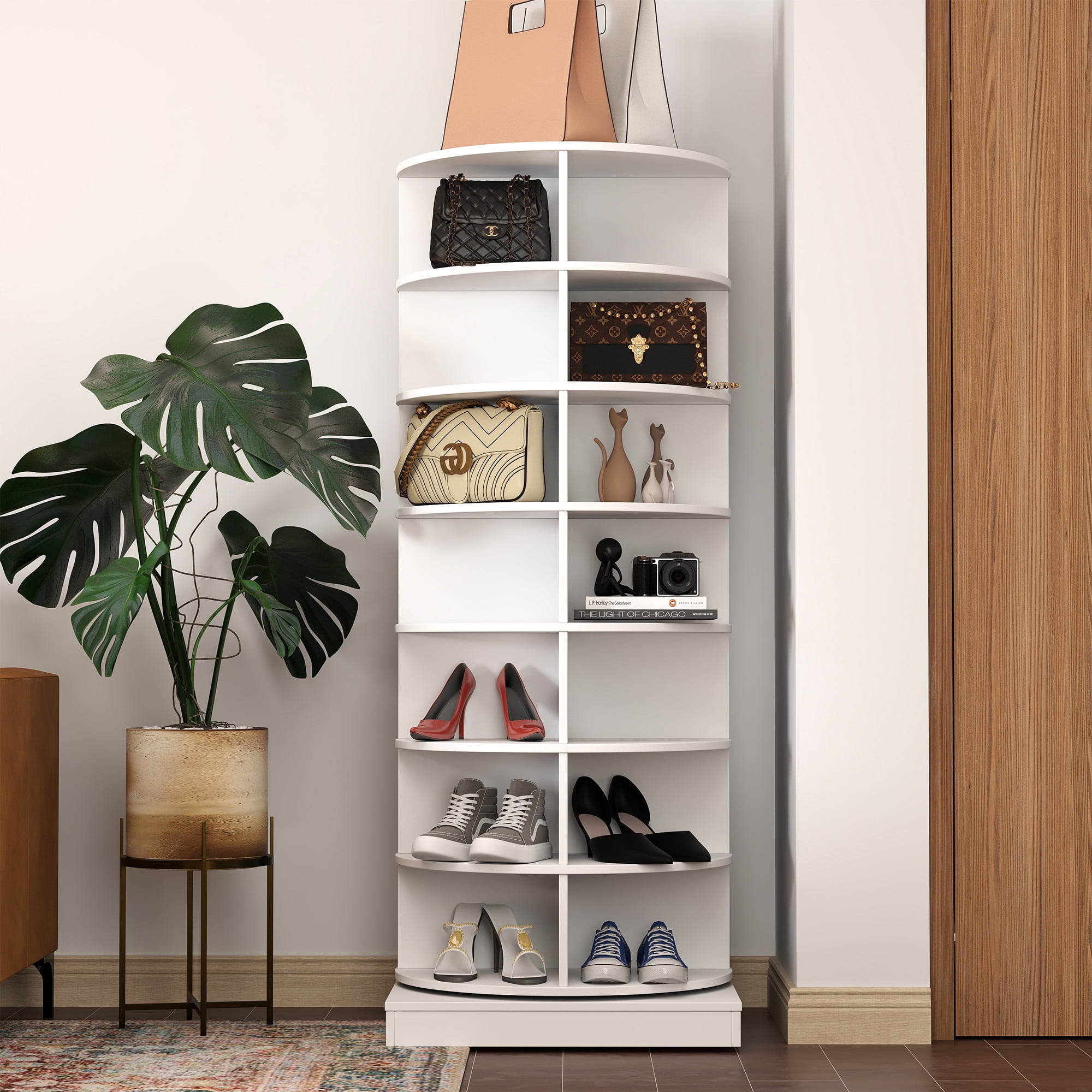 Aukfa 7-Tier Rotating Shoe Rack Tower, 360° Spinning Shoe Display Closet Organizer, White