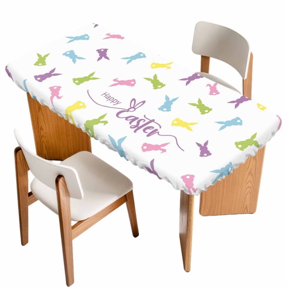 Bunny Easter Table Cloths for 4 Foot Rectangle Tables, Spring Rabbits Modern Art Patio Waterproof Elastic Fitted Tablecloths, Washable Rectangular Table Cover for Camping