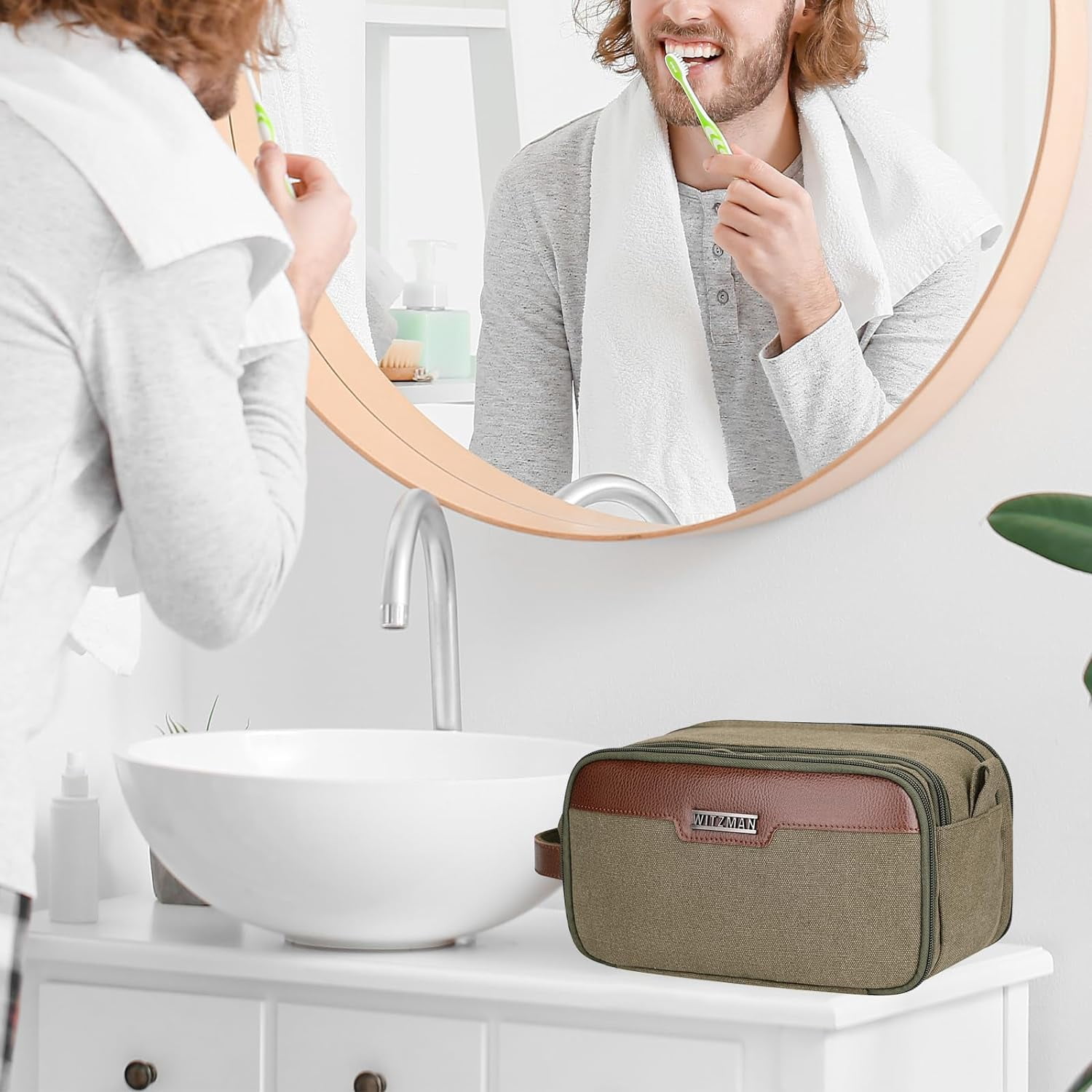 WITZMAN Canvas Toiletry Bag for Men Large Capacity Hanging Dopp Kit for Men Leather Toiletries Water-Resistant Bathroom Bag(A8002 Army Green)