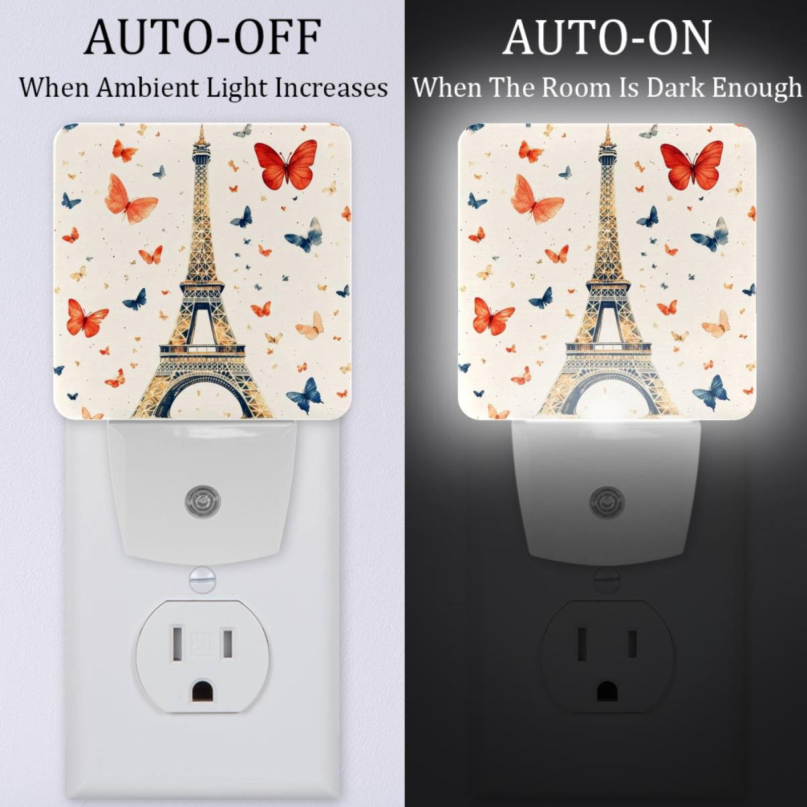 PhooArto Eiffel Towers Butterfly Plug in LED Night Light Auto Sensor Dusk to Dawn Decorative Night for Bedroom, Bathroom, Kitchen, Hallway, Stairs, Baby's Room, Energy Saving