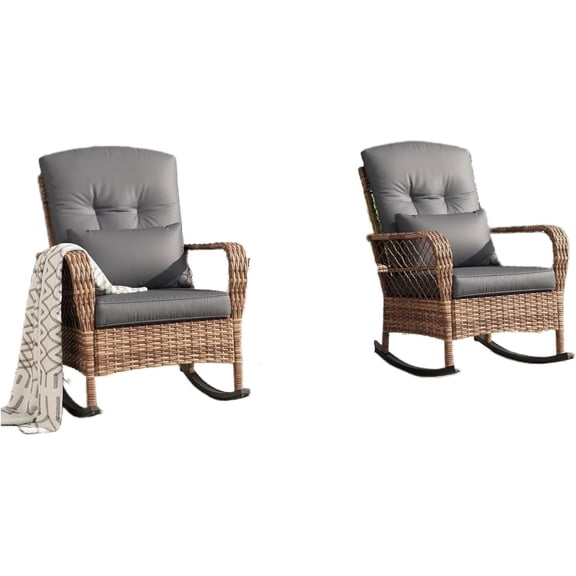 2 Piece Outdoor Patio Wicker Rocking Chair Set – All-Weather Dark Gray Rattan Conversation Furniture with Cushions & Coffee Table – High Back Porch Rocker for Garden