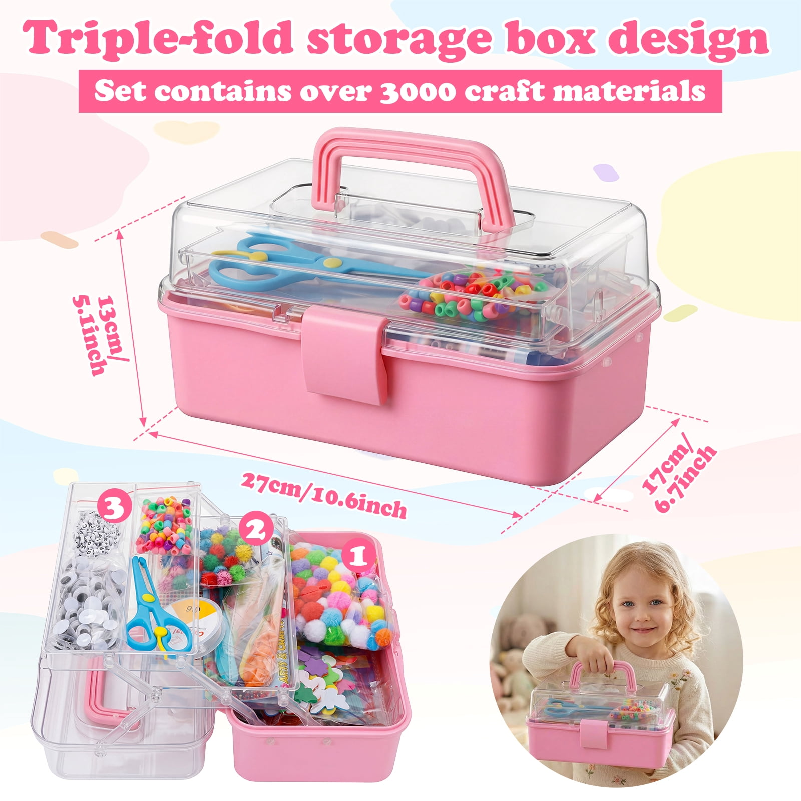 3000PCS Arts and Crafts Supplies Kit for Kids DIY Pipe Cleaner Craft Box Kits Supplies Set Include Pompoms Pipe Cleaners Craft for Kids Christmas Present for Boys Girls