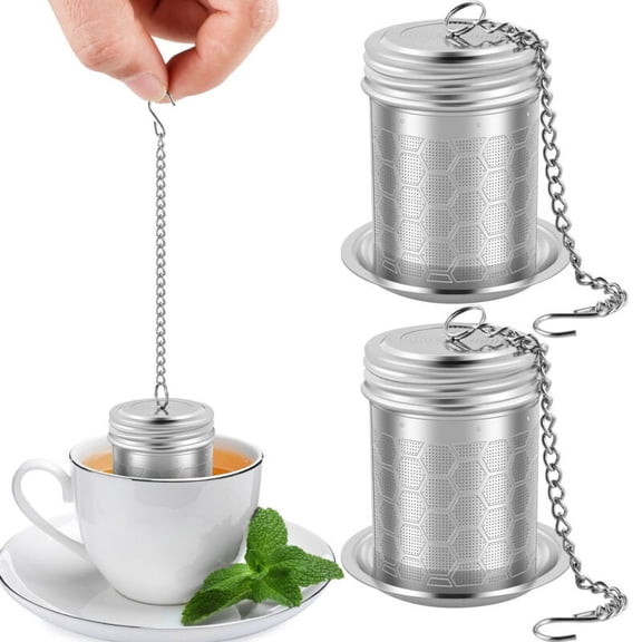Qenwkxz 2pcs Tea Infuser Strainers with Drip Tray 304 Stainless Steel Tea Filter Strainer with Chain Hook Fine Mesh Tea Infuser Steeper Reusable Tea Strainers for Loose Tea Mulling Spices