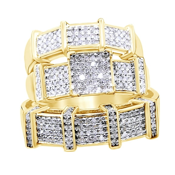 AFFY White Natural Diamond Engagement & Wedding Trio Band Ring Set In 10k Yellow Gold (0.69 Cttw)