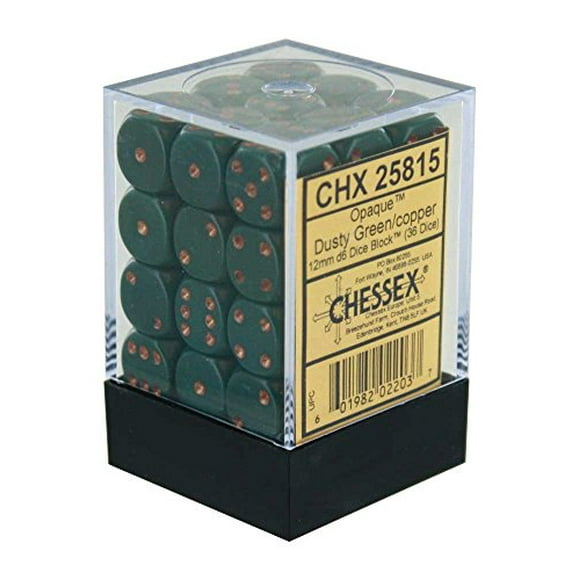 Chessex Opaque 12mm d6 Vert Poussiéreux avec Bloc de dés en Cuivre - Lot de 36