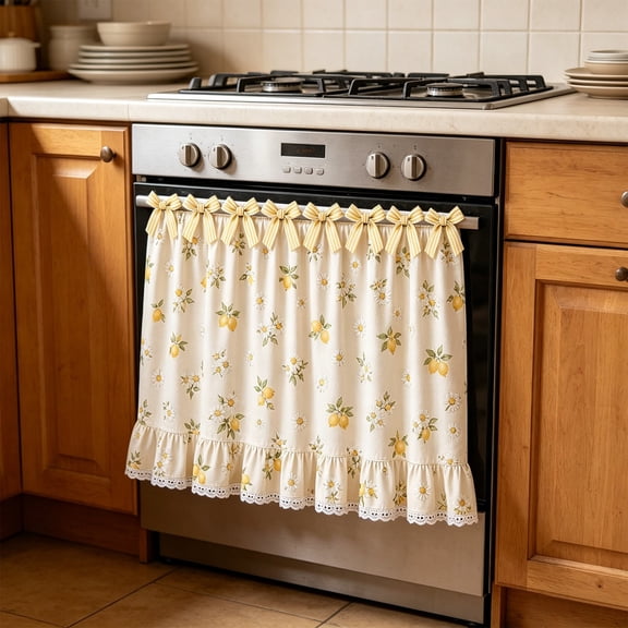 Oven Skirt Curtain, Farmhouse Tie Top Oven Curtain for Door with Ruffle Trim and Ribbon Bow Ties, Decorative Stove Cover, Dishwasher Cover for Cottage Kitchen Decor (Lemon)