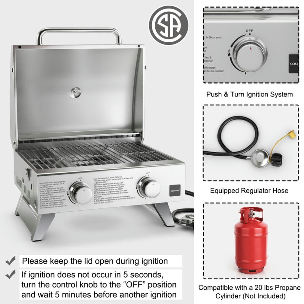 Spaco Stainless Steel Propane Grill with Lid for Outdoor Camping Tailgating Picnic Party-Silver, Camp Stove for Outdoor Cooking