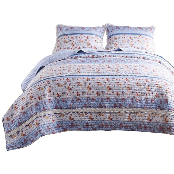 Joa 3 Piece Microfiber King Quilt Set, Floral Print, Lace Trim, Multicolor