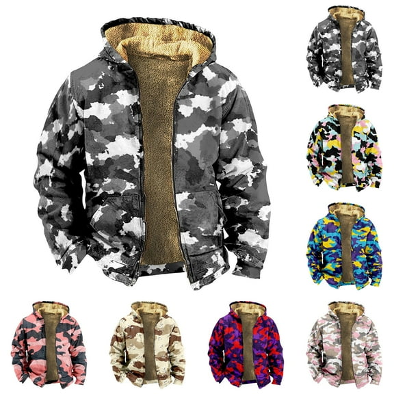 Men's Camouflage Print Fleece Lined Thickened Jacket with Zipper Hood - Casual Trendy Coat for Winter Outdoors, Christmas Gifts, and Adventure Trips, Ideal for Men,Black,L