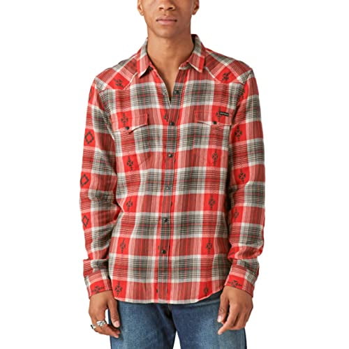 Lucky Brand Men's Plaid Dobby Western Long Sleeve Shirt, Red Plaid, Large 