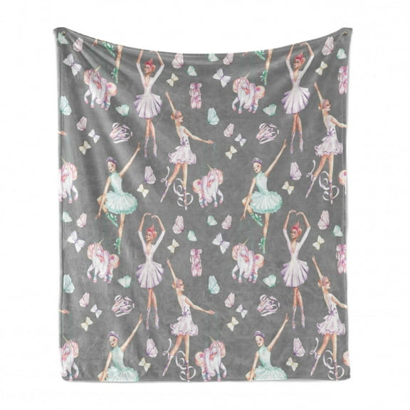 Retro Soft Flannel Fleece Throw Blanket, Ballerinas Dancing Among Puppet Unicorns Flying Butterflies on a Grey Backround, Cozy Plush for Indoor and Outdoor Use, 50" x 70", Multicolor, by Ambesonne