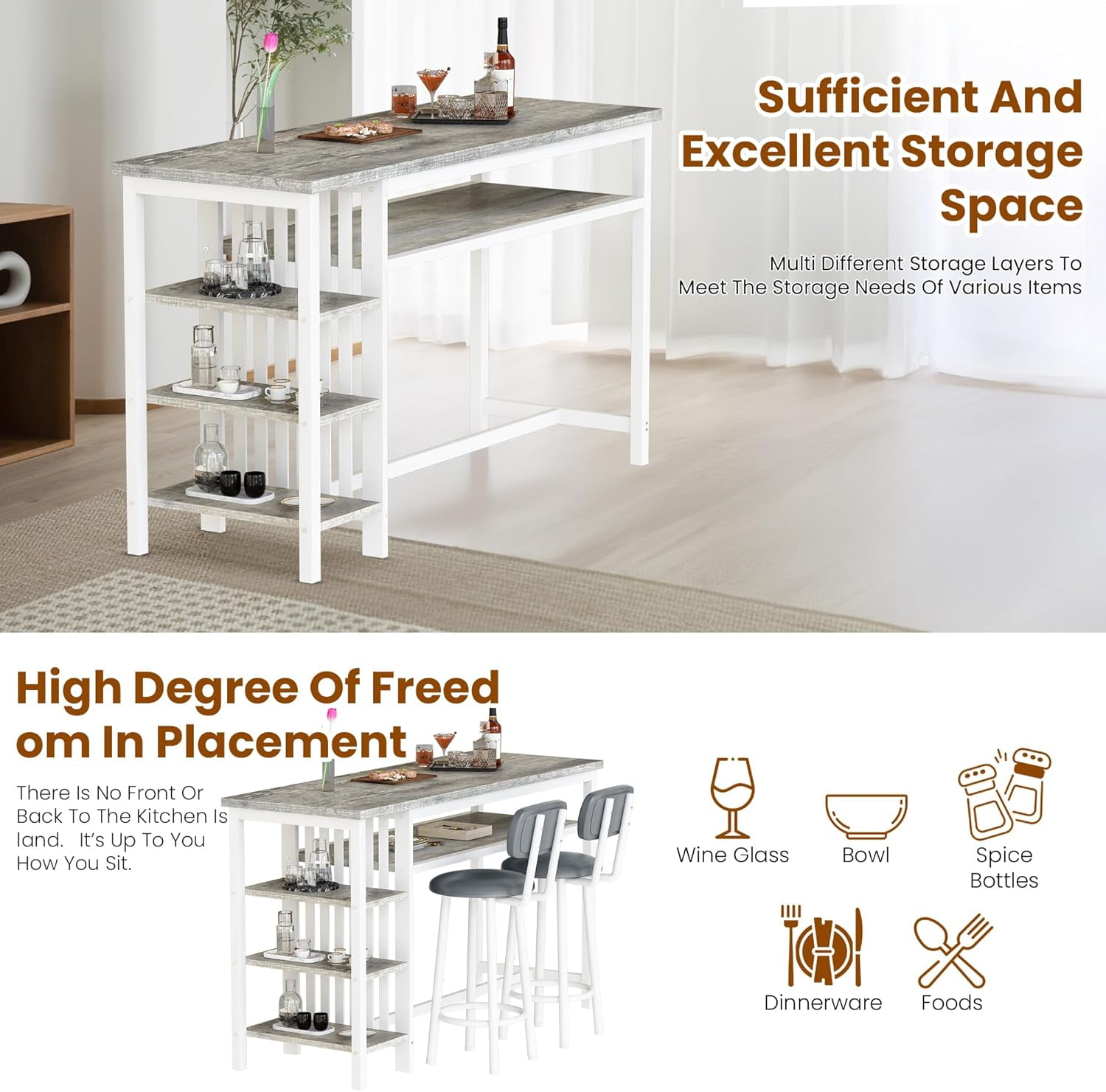 LinkRomat Bar Table and Chairs Set for 2, Marble Kitchen Island Table with 2 PU Bar Stools, Tall Kitchen Table and Chairs with Storage for Small Spaces, Home & Apartment, Gray