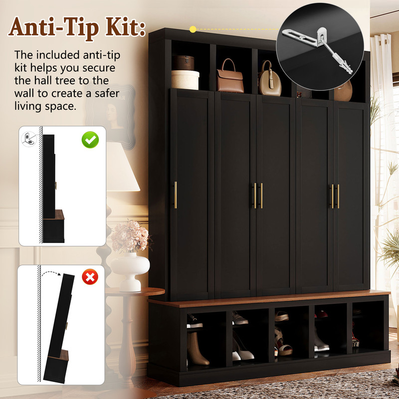Modern Entryway Storage Cabinet with Shoe Racks & Cubbies, Coat Closet Large Hall Tree with Shoe Bench & Hooks