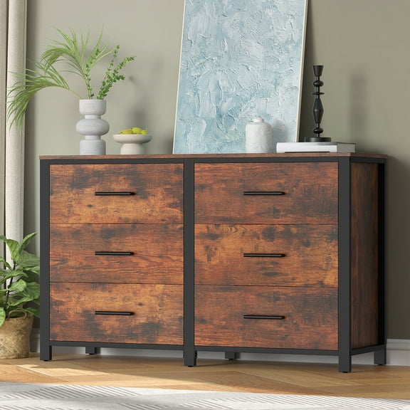 Winkalon Double Dresser with 6 Drawers,Large Chest of Drawers Storage Cabinet for Bedroom Living Room,Brown