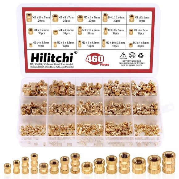 Hilitchi 460 Pcs M2 M3 M4 M5 Filetage Femelle en Laiton Moleté Kit d'Assortiment d'Écrous d'Intégration, Pièces d'Intégration, Ajustement Pressé dans les Trous pour 3D Pr