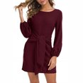 thumbnail image 3 of Vestido De Cóctel, Cintura Con Lazo, Elástico, Color Puro, Manga Larga De Farol, Vestido Corto, Cuello Redondo, Poliéster Para Citas ANGGREK Otros, 3 of 6