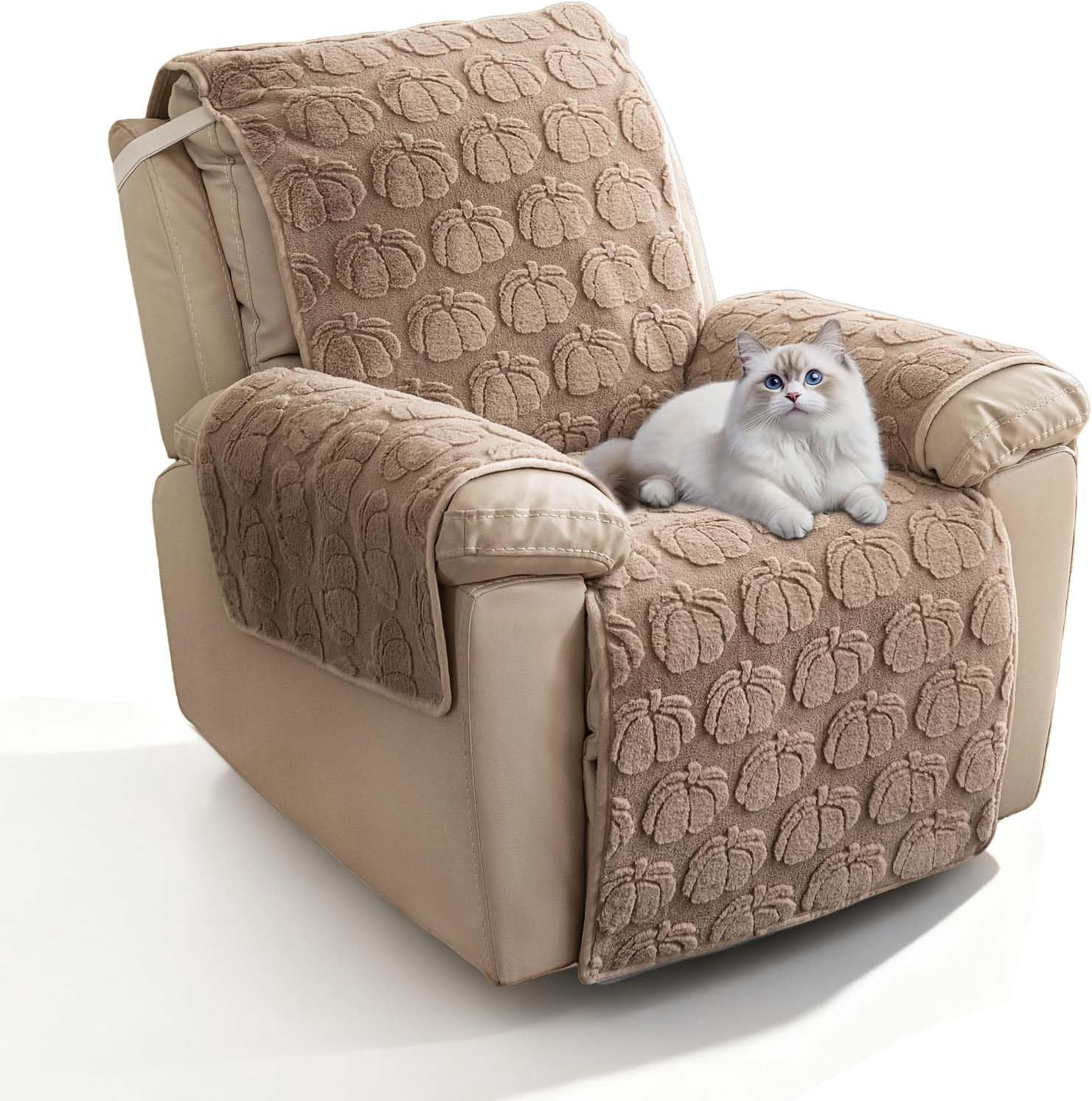 TOPCHANCES Plush Recliner Chair Cover, Faux Rabbit Fur 1-Seater Sofa Cover, Washable Armchair Protector with Adjustable Elastic Belt for 23 Inches Recliner (Khaki)