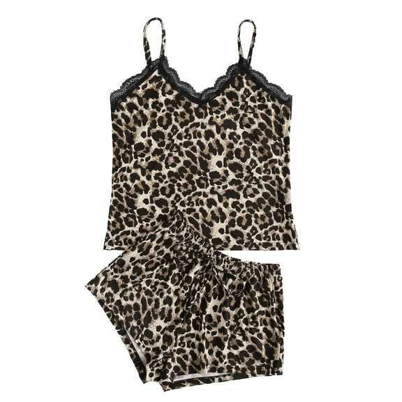 Lindreshi Womens Pajamas Sets Leopard Print Lingerie Silk Underwear Sleepwear Nightdress Pajamas Satin